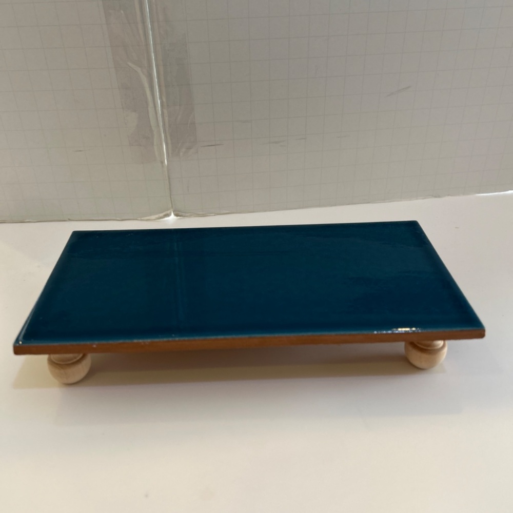 Very Glossy Deep Teal Ceramic Riser (4 by 8 inches) with Natural wood legs
